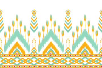 Traditional ikat patterns with bright geometric shapes in shades of blue, green, yellow and orange are perfect for textile design, home decor, rugs and fashion. Inspired by indigenous and tribal