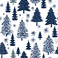 Festive Navy Blue Christmas Tree Pattern with Snowflakes for Seasonal Wrapping Paper and Holiday Decor