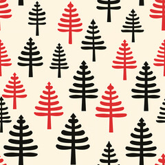 Obraz premium Minimalist Red and Black Christmas Tree Seamless Pattern for Modern Holiday Decorations and Prints