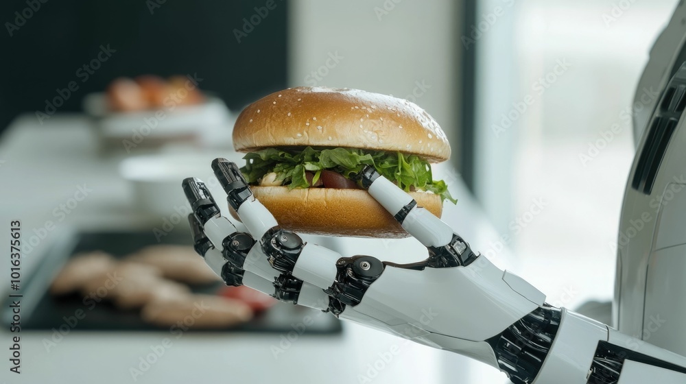 Poster close up shot of a robotic arm assembling a sandwich in a sleek futuristic caf setting this image sh