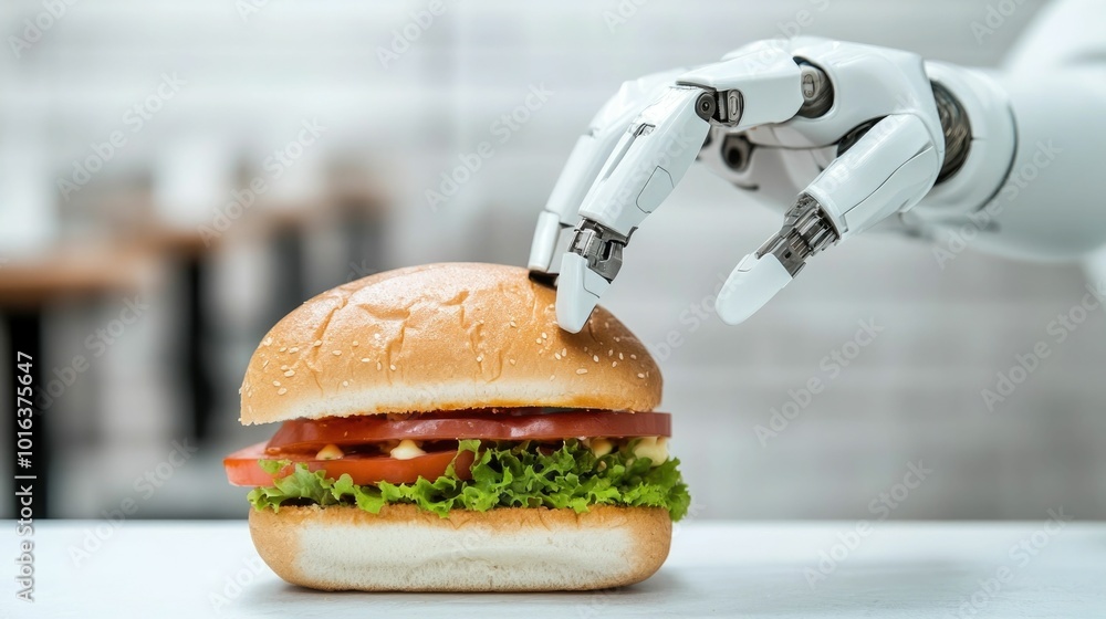 Poster close up view of a high tech robotic arm assembling a sandwich in a modern futuristic styled caf set