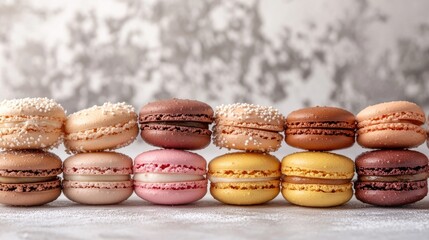 Fototapeta premium A tempting array of macaroons on a table, their soft colors and delicate texture standing out against a simple background.