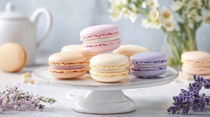Fototapeta premium A tempting array of macaroons on a table, their soft colors and delicate texture standing out against a simple background.