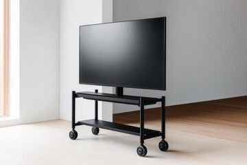 Fototapeta premium Black flat screen television on a black metal mobile stand with wheels in a modern, minimalistic, light interior setting with wooden floor and white walls.