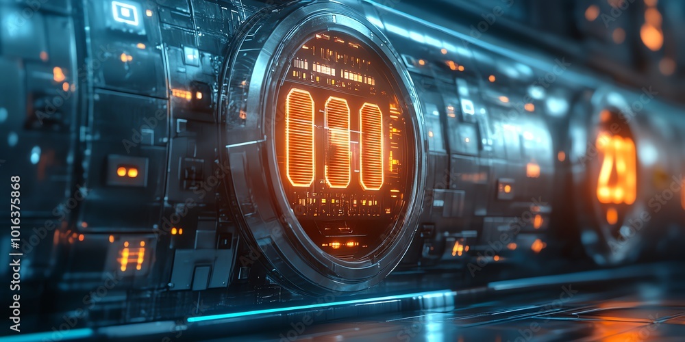 Poster futuristic digital interface with glowing orange numbers 000 on a sci-fi control panel.