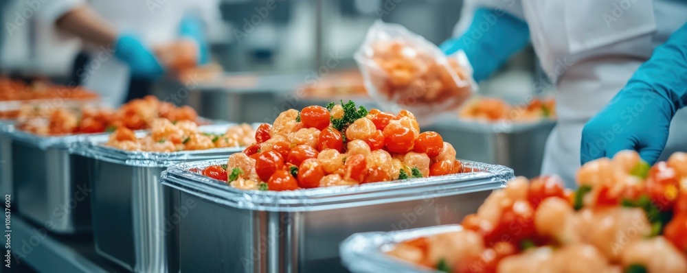 Poster automated packaging machine sealing and wrapping ready to eat meals in a modern food production fact