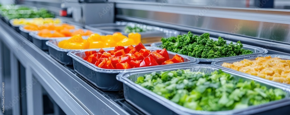 Poster automated packaging machine sealing ready to eat meals in a factory for efficient food preservation 