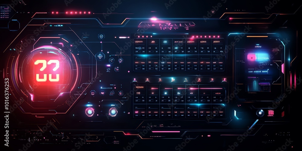Poster futuristic technology interface with red digital display showing number 22.