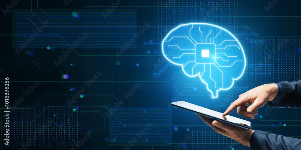 Poster closeup of male hand using cellphone with glowing blue circuit digital brain hologram on blurry back