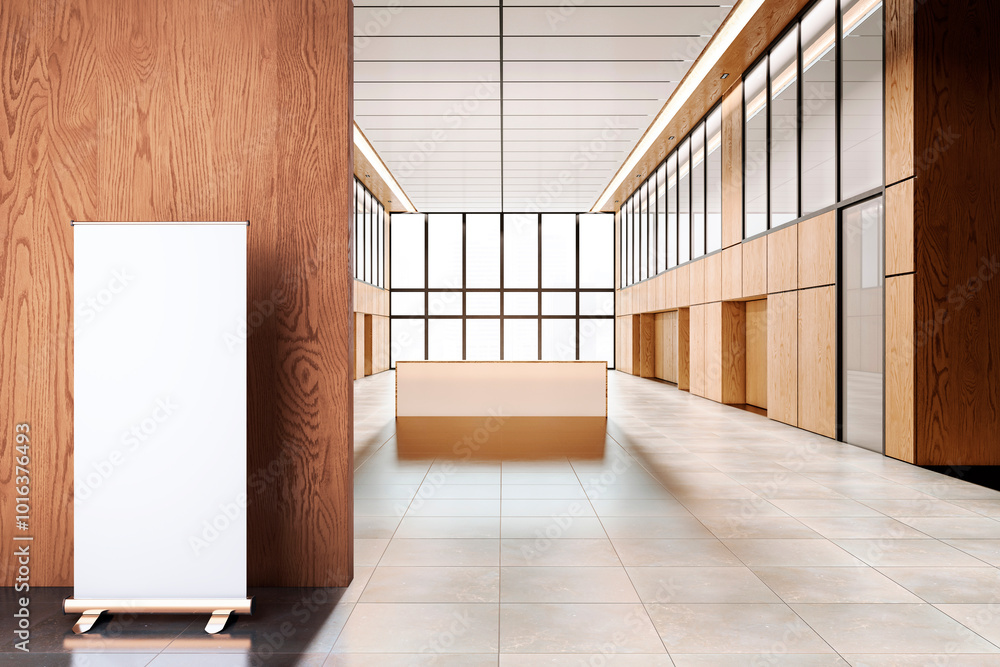 Poster modern wooden office corridor interior with reception desk, panoramic windows and city view, blank w