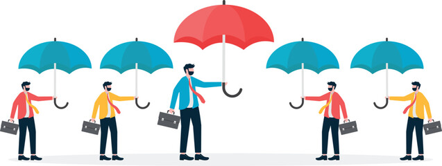 Insurance and agency concept, a group of blue umbrellas holding a red umbrella in one hand.


