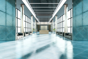 Modern office corridor with panoramic windows, city view, reception desk and daylight. 3D Rendering.
