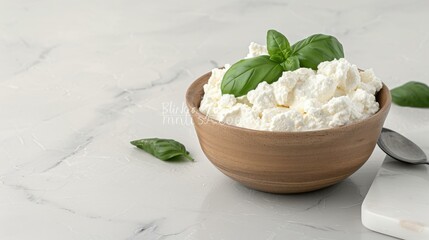 Ricotta cheese in a bowl with a spoon and fresh basil leaves, food photography, copy space