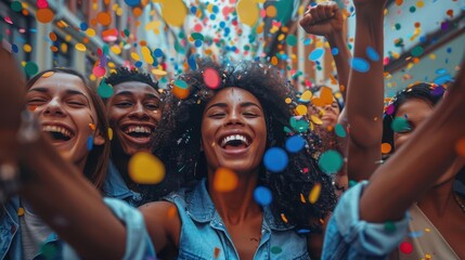 Diverse teams celebrating achievements and milestones, joyful and inclusive, Urban, Bright hues, Photograph, Team success