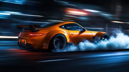 Obraz premium A dynamic orange sports car drifting on a city street, leaving tire smoke in its wake.