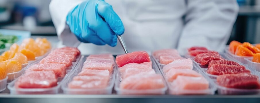Close up view of a lab grown fish fillet being carefully inspected by a scientist in a lab setting showcasing the advancements in sustainable aquaculture and food technology