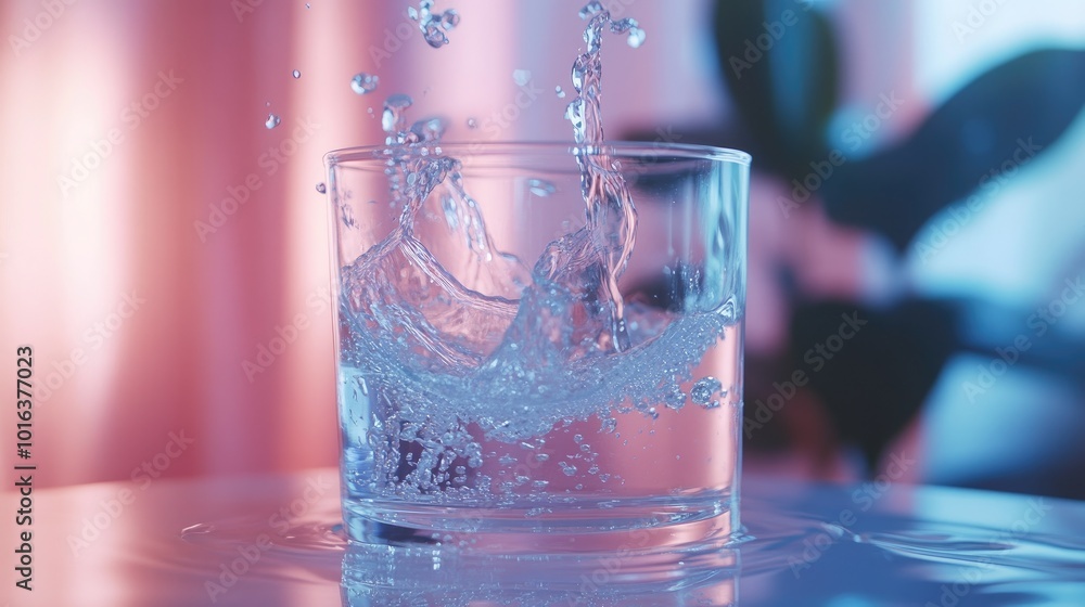 Poster water cascading into a glass, capturing the refreshing splash and sparkle of the liquid as it fills 