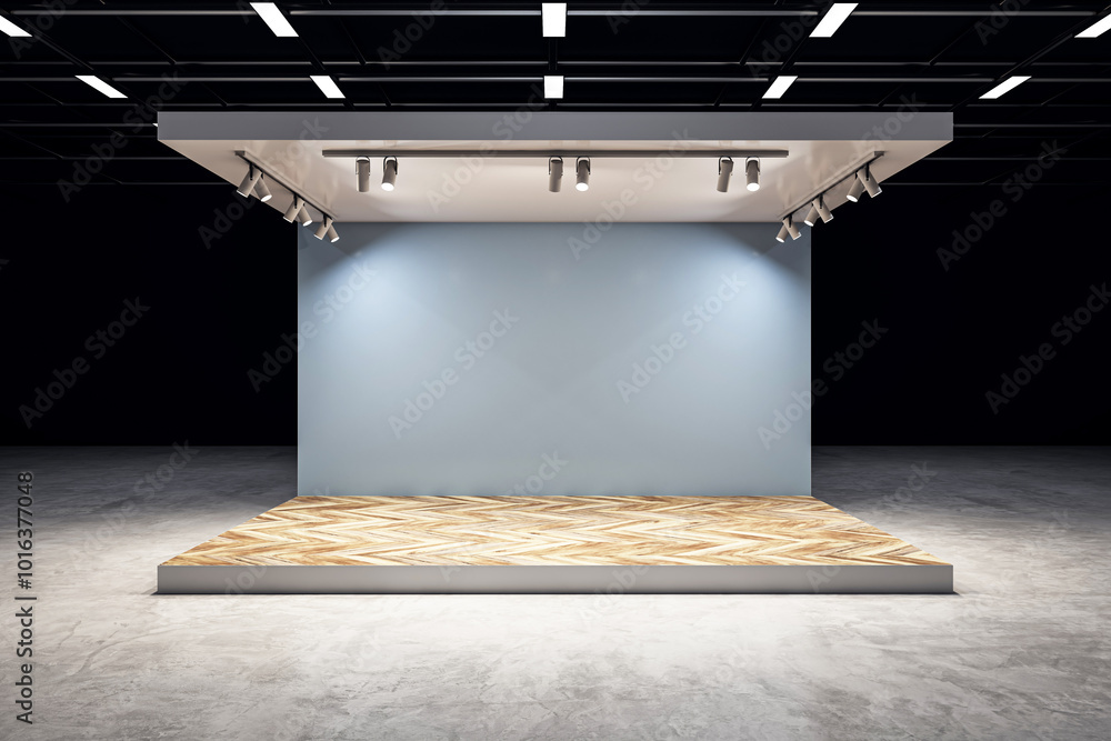 Poster creative exhibition stand on dark background. mock up place. 3d rendering.