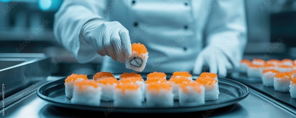 Aufkleber automated robotic arm precisely crafting sushi rolls with intricate movements in a futuristic high t
