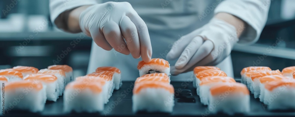 Poster automated robotic chef precisely assembling and rolling sushi in a futuristic high tech restaurant s