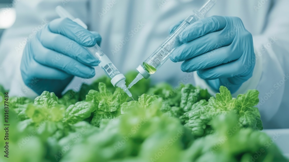 Poster close up of a scientist carefully injecting nutrients into a lab grown vegetable as part of a geneti