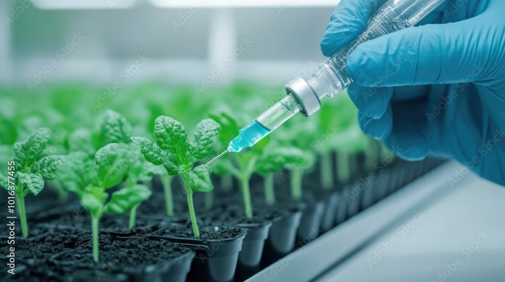 Poster close up of a scientist carefully injecting a nutrient solution into a lab grown vegetable