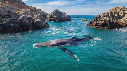 A top drone view of a gray whale swimming in the ocean near Baja California, Mexico. The whale is swimming in clear turquoise water among rocky terrain. The background reveals a few other whales.