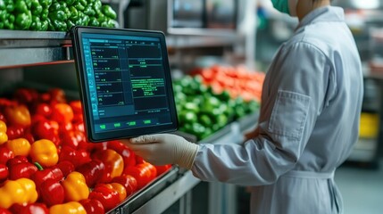 Close up view of digital sensors and data analytics monitoring food safety and hygiene in a commercial kitchen setting