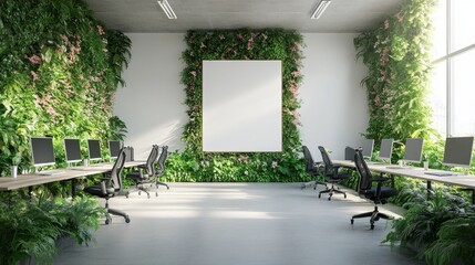 Modern office interior with a green wall, a blank canvas, and several workstations.