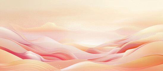 Cute Cartoon Vector Background in Coral Light Yellow Tones with Hills and Clouds