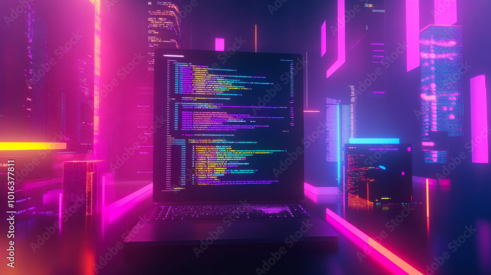Poster neon-lit coding environment showcasing vibrant screens and digital elements at night in a futuristic