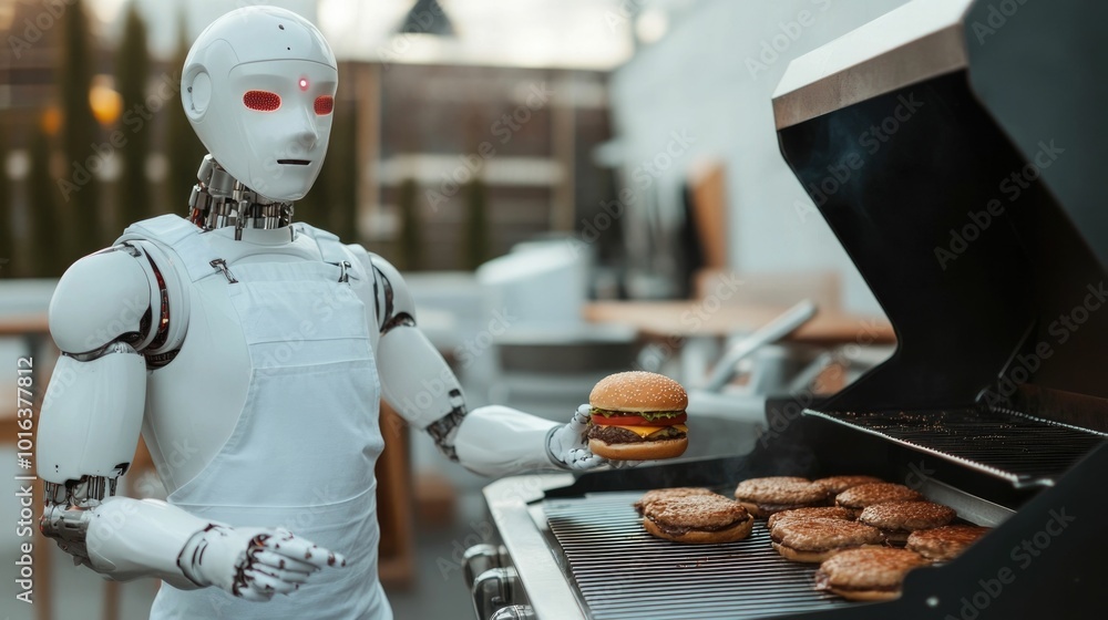 Poster robotic chef using advanced automated technology to prepare food in a high tech digitally driven fas