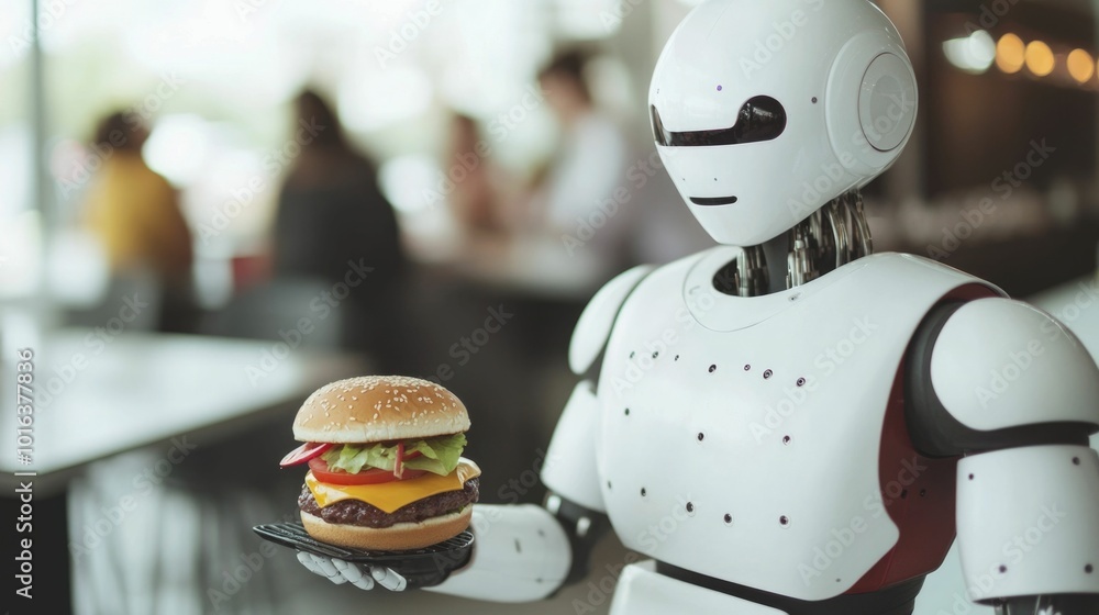 Poster futuristic scene depicting a robot chef skillfully flipping burgers on a high tech smart grill in a 