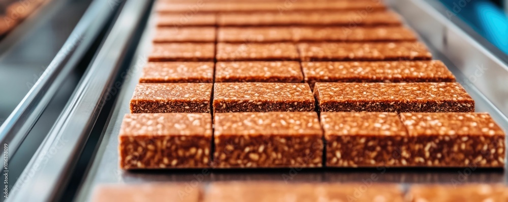 Poster close up view of the production process of a plant based protein bar being manufactured on an automa