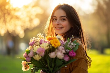 Naklejka premium A young woman smiles brightly while holding a colorful bouquet of flowers. The sun shines softly in the background creating a warm and cheerful atmosphere. Generative AI