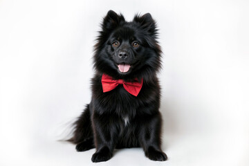 Beautiful black spitz in a red bow tie on a white background.