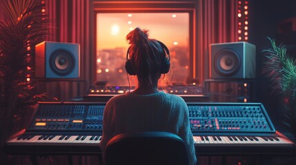 A woman wearing headphones sits in a recording studio, facing away from the camera, in front of a mixing board and a keyboar