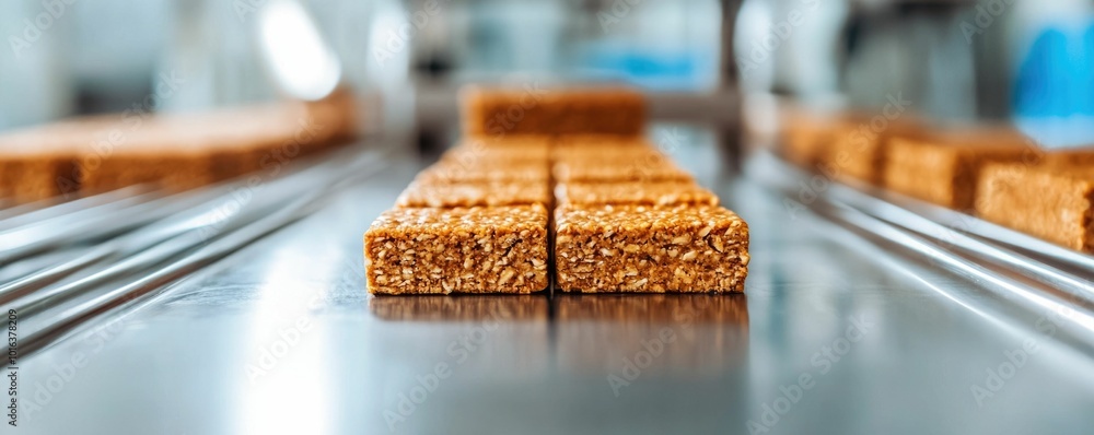 Poster close up view of a plant based protein bar being manufactured on an automated production line showca