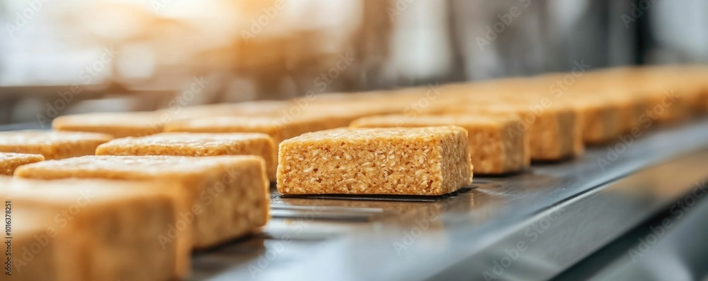 Poster close up view of an automated production line manufacturing plant based protein bars showcasing the 