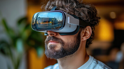 A man immerses himself in virtual reality technology indoors, experiencing a digital world through modern equipment in a stylish setting