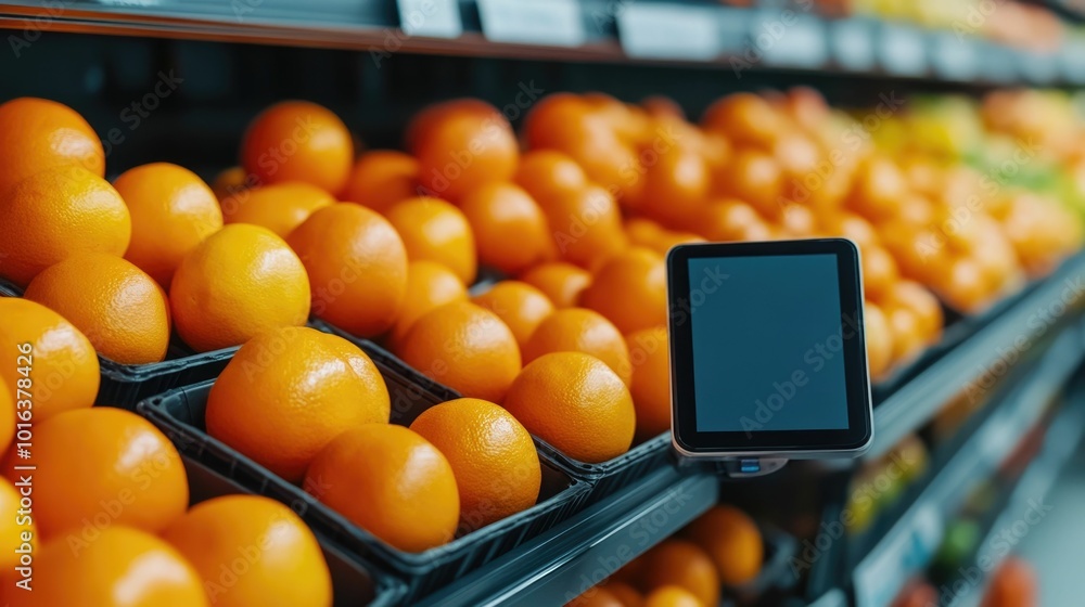 Poster close up view of freshly packaged oranges and other citrus fruits with smart technology sensor monit