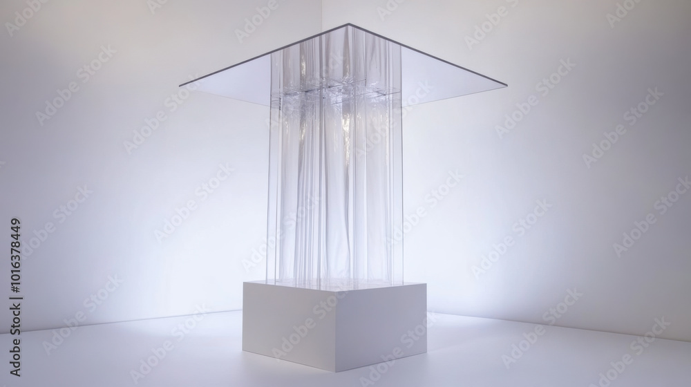 Poster three clear acrylic pillars arranged on a soft gray surface with gentle light illuminating their sur