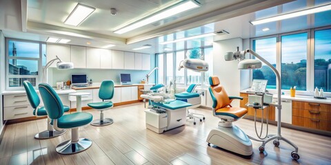 Tilt-Shift Photography of Empty Dental Clinic with Chairs and Tools for Stock Imagery