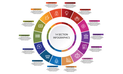 Collection of vector circle chart infographic templates for presentations, advertising, layouts, annual reports. 14 options, steps, parts