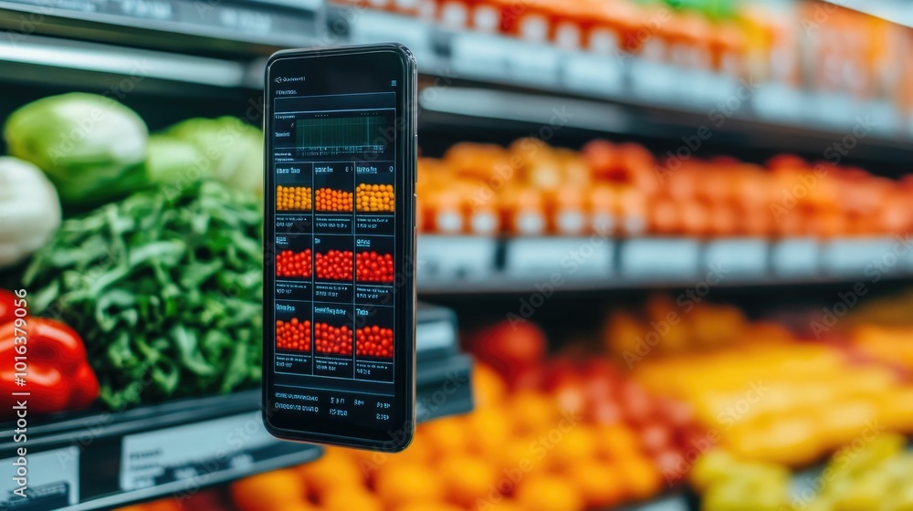 Poster close up of a digital nutritional analysis displayed on a smartphone scanning the label of a food pr