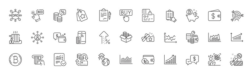 Target, Budget accounting and Radiator line icons. Pack of Money change, Diagram chart, Loyalty tags icon. Bid offer, Contactless payment, Difficult stress pictogram. Increasing percent. Vector