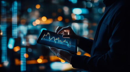 Business analyst reviewing financial data on a tablet in a modern office environment during the evening hours