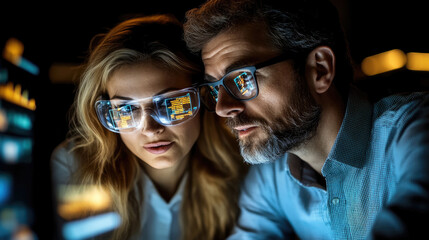 A man and a woman focus on digital data reflected in their high-tech eyewear, discussing insights late at night in a modern office environment