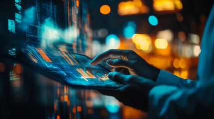 Business analyst reviewing financial data on a tablet in a modern office environment during the evening hours