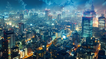 Obraz premium Urban cityscape at night with glowing lights and bustling activity, demonstrating the human impact and development on Earth